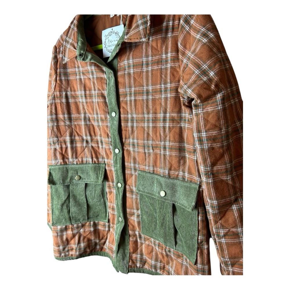 Hem & Thread Women's Rust Plaid Olive Quilted Jacket Oversized Medium - Picture 6 of 10